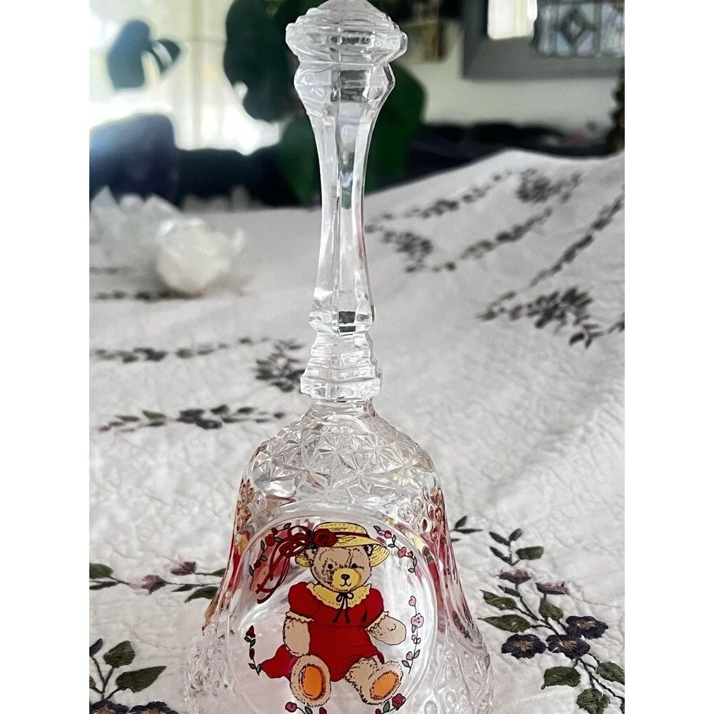 Vintage Large Nanco Lead Crystal Teddy Bear Bell 8” Cut Glass Cottagecore Decor